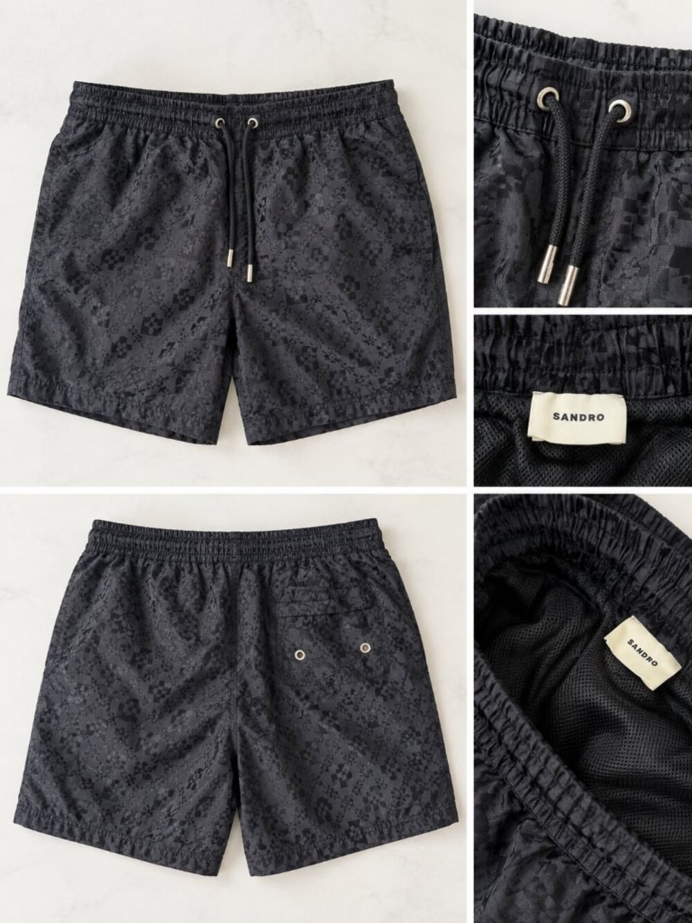 Sandro Square-Cross Jacquard Swim Shorts — Midnight Blue, XS, NWT